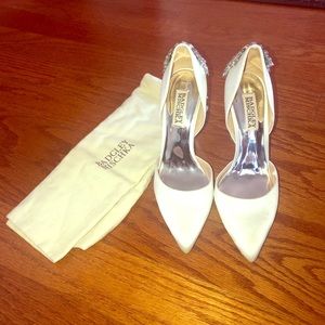 Badgley Mischka white satin jeweled heels